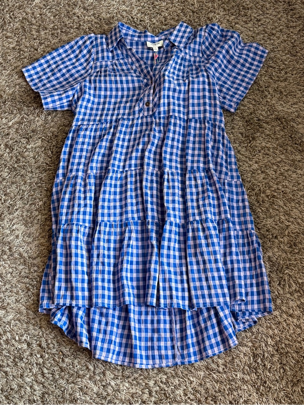 Blue Gingham Short-Sleeve Tiered Umgee Dress Size Small